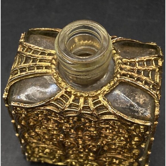 Glass Lalique Perfume Bottle Ornate Brass Metal Gold Toned Cover Holy Water - Picture 8 of 8